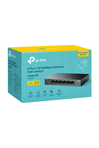Switch LiteWave, 4 x RJ45 10/100 Mbps PoE, 2 x RJ45 10/100 Mbps, Buget PoE 41W, Unmanaged - TP-Link LS106LP
