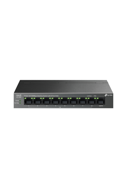 Switch LiteWave, 8 x RJ45 10/100 Mbps PoE, 1 x RJ45 10/100 Mbps, Buget PoE 63W, Unmanaged - TP-Link LS109P