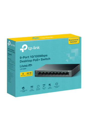 Switch LiteWave, 8 x RJ45 10/100 Mbps PoE, 1 x RJ45 10/100 Mbps, Buget PoE 63W, Unmanaged - TP-Link LS109P