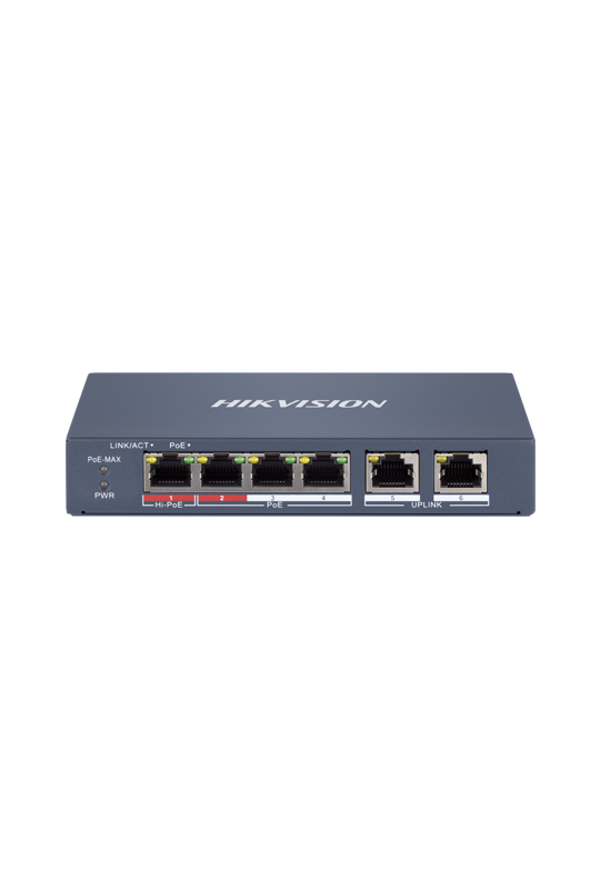 Switch 4 x RJ45 100 Mbps PoE at/af/bt, 2 x RJ45 100 Mbps Uplink, Management - HIKVISION DS-3E1106HP-EI