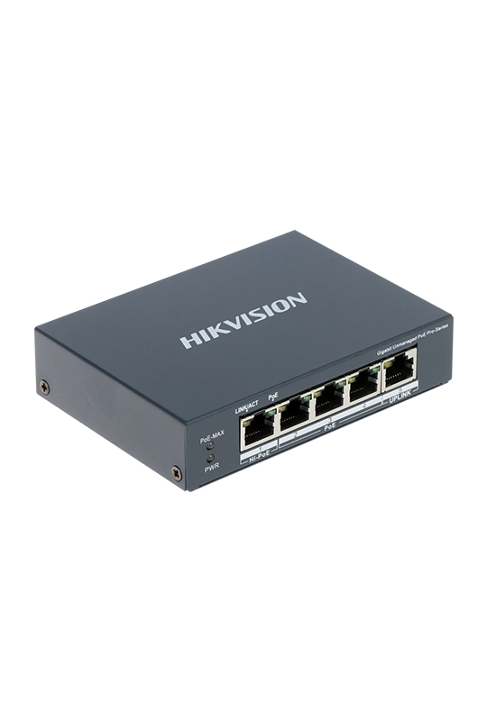 Switch 4 porturi PoE Gigabit, 1 port Hi-PoE, 1 port uplink 1G - HIKVISION DS-3E0505HP-E