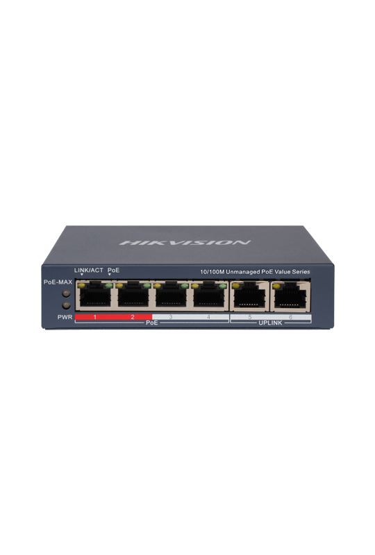 Switch 4 x RJ45 10/100 Mbps PoE, 2 x RJ45 10/100 Mbps, Unmanaged - HIKVISION DS-3E0106P-E-M