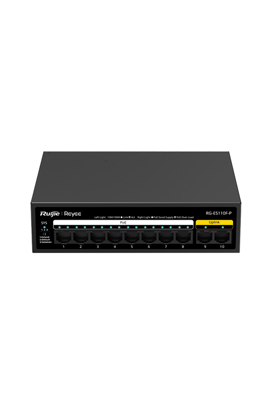 Switch L2, 8 x RJ45 10/100 Mbps PoE, 2 x RJ45 10/100 Mbps, Unmanaged - Ruijie Reyee RG-ES110F-P